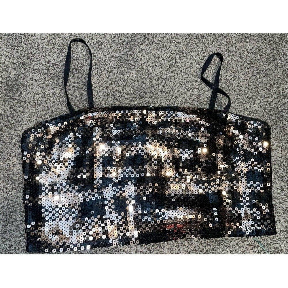 Akira Rose Gold Black Sequined Spaghetti Strap Cropped Tank Medium